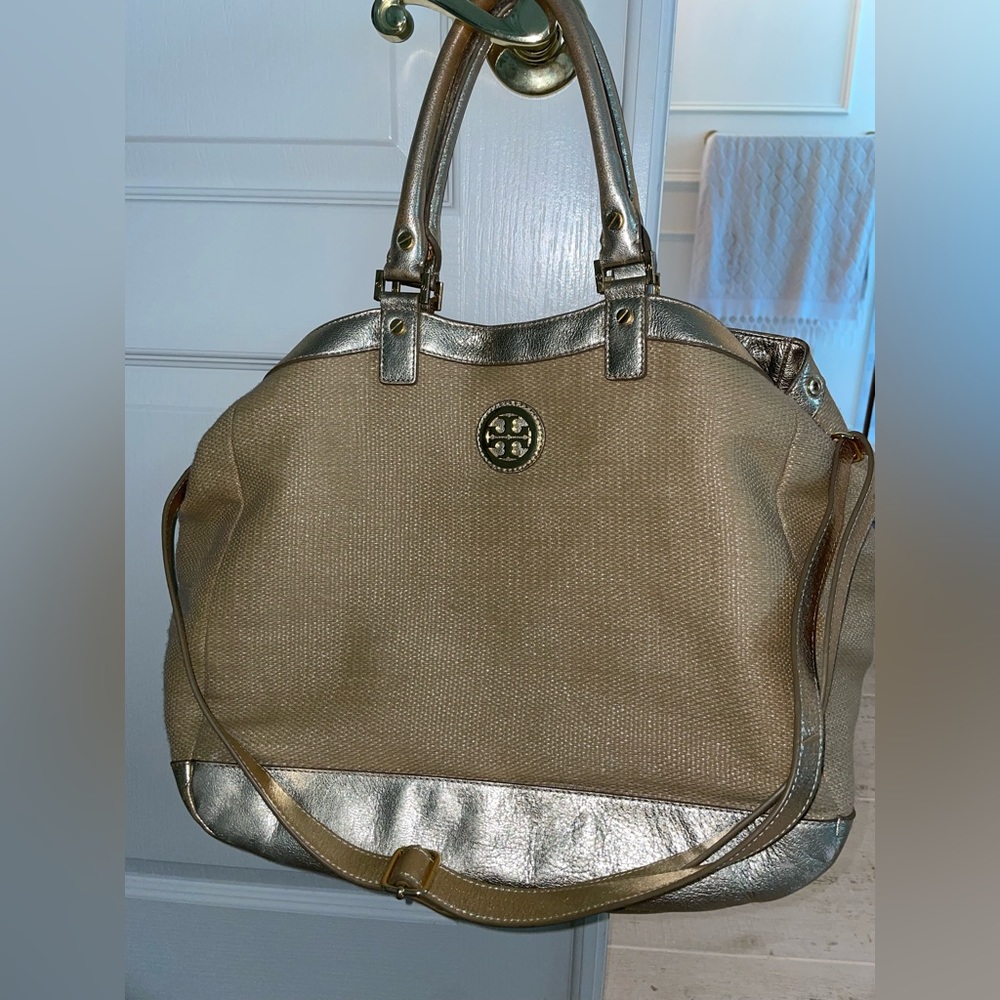 Tory Burch Raffia and gold overnight/beach bag